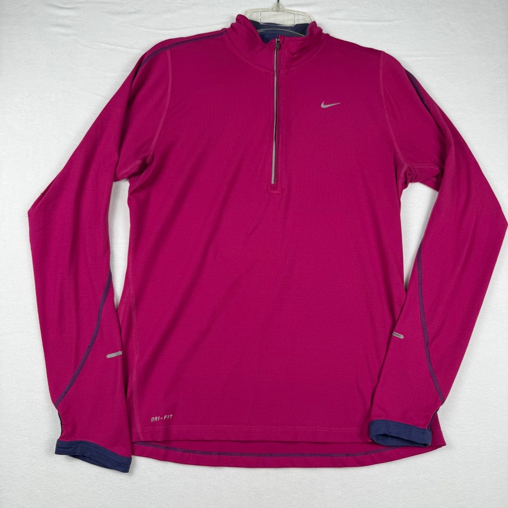 Nike Dri-FIT Quarter Zip Pullover Medium Magenta Navy Athletic Thumbhole Top